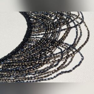 Black Gold Seed Bead Multi-Strand Statement Necklace Vintage Majestic Queen